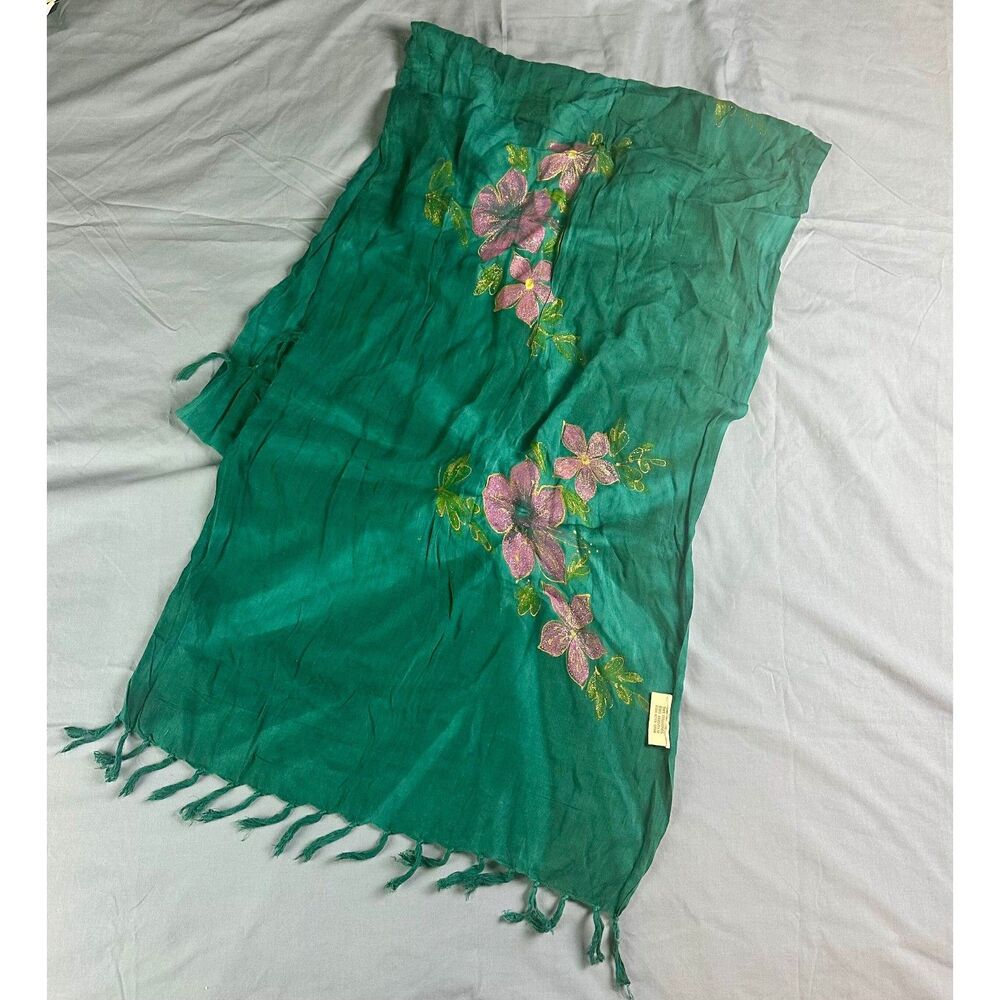 Tropical Batik Hand-painted Floral Fringe Scarf Teal 66" x 22" Art To Wear
